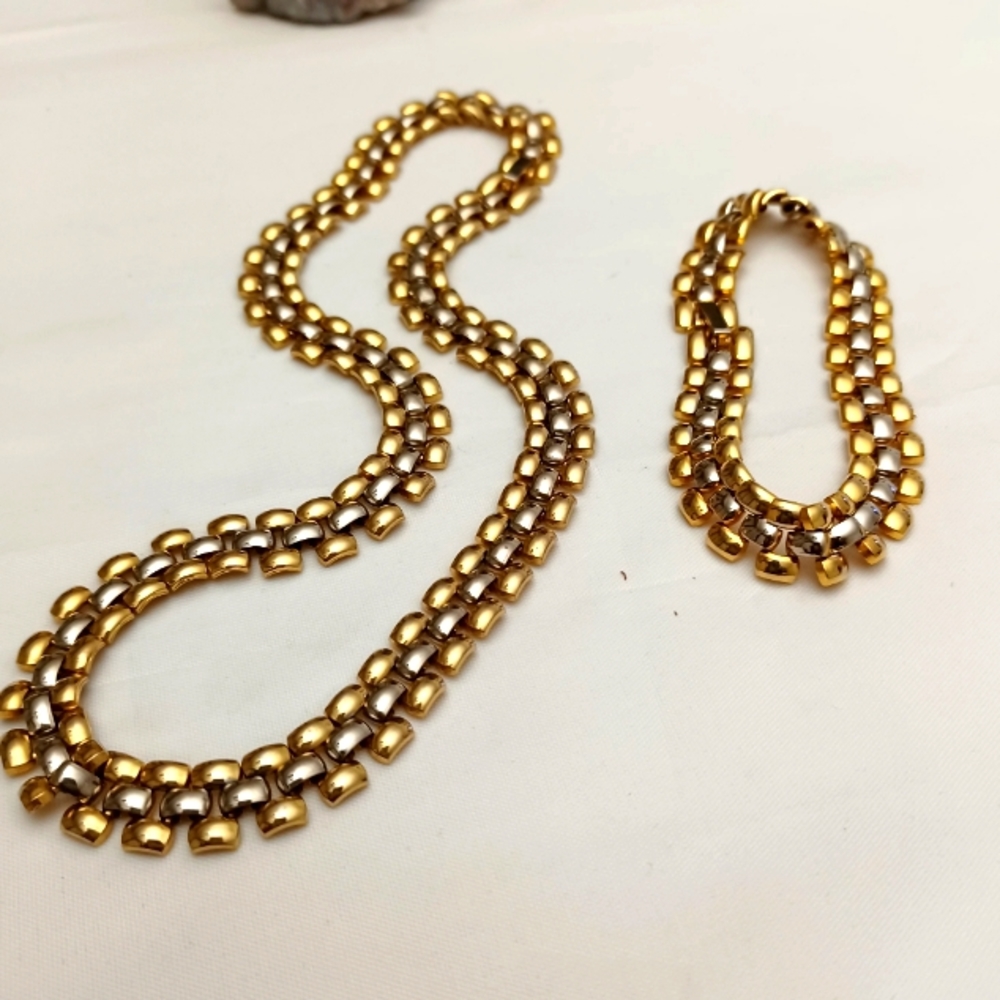 VINTAGE TWO TONE BRICK CUT NECKLACE BRACELET SET